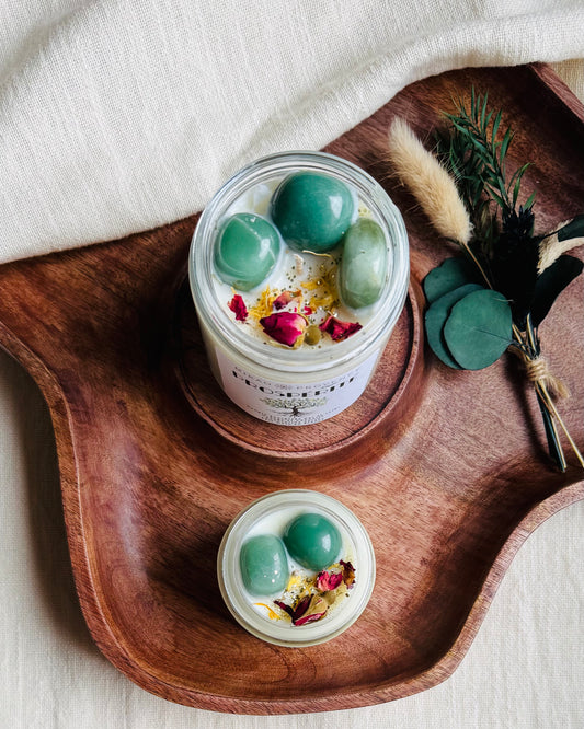 Bougie d’Intention Prospérité – Aventurine Verte - vue de près