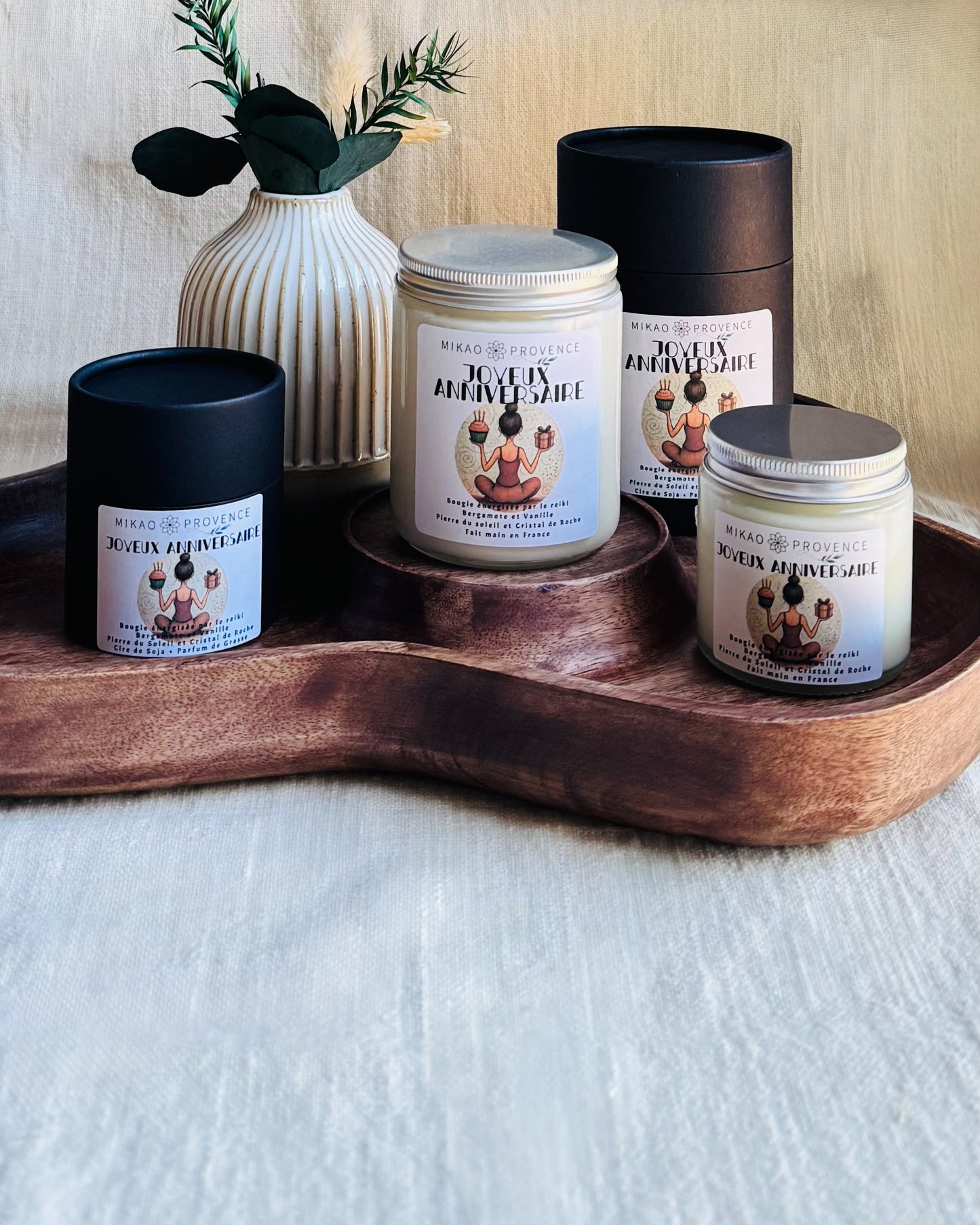 Bougie d'Intention Joyeux anniversaire - Pierre du Soleil et de Cristal de roche - présentation avec boite