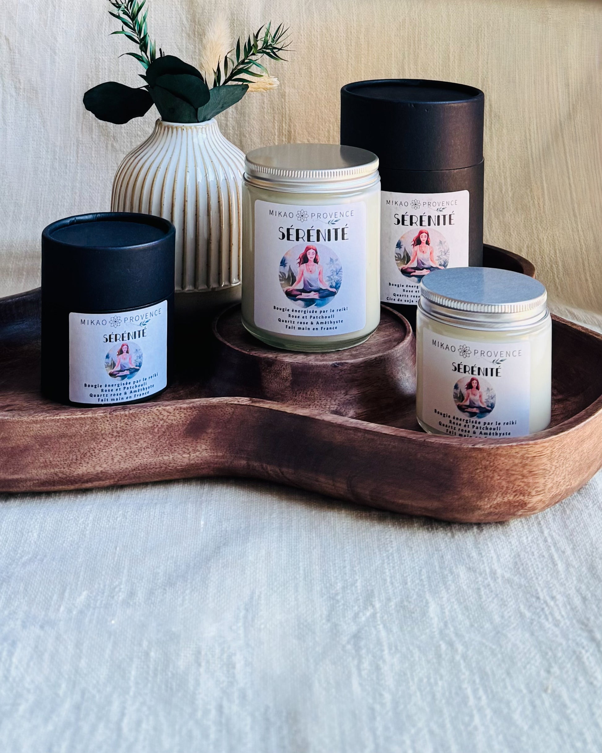 Bougie d’Intention Sérénité – Améthyste & Quartz Rose -présentation avec boite 