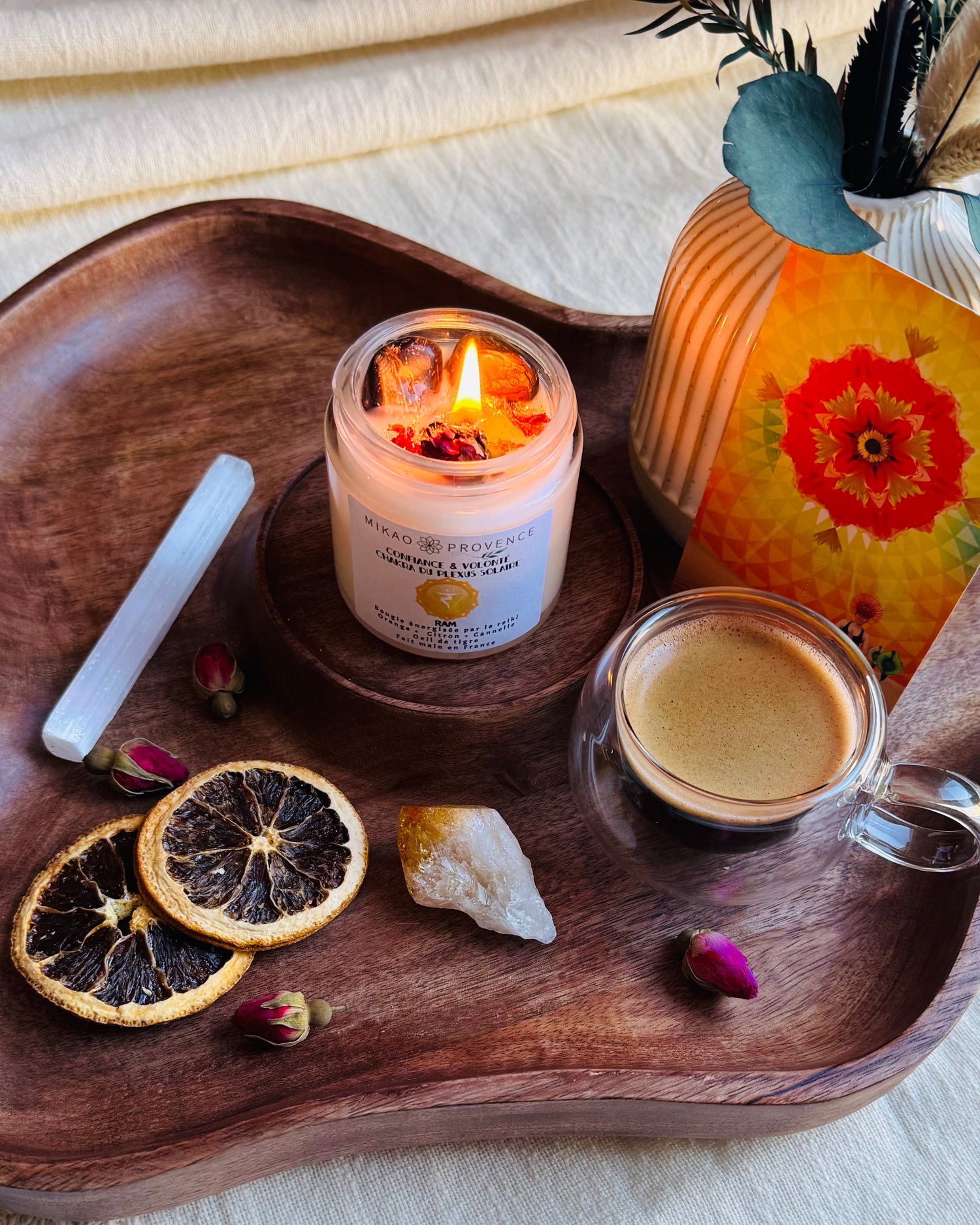 Bougie Chakra du plexus solaire - Confiance et Volonté - œil de tigre