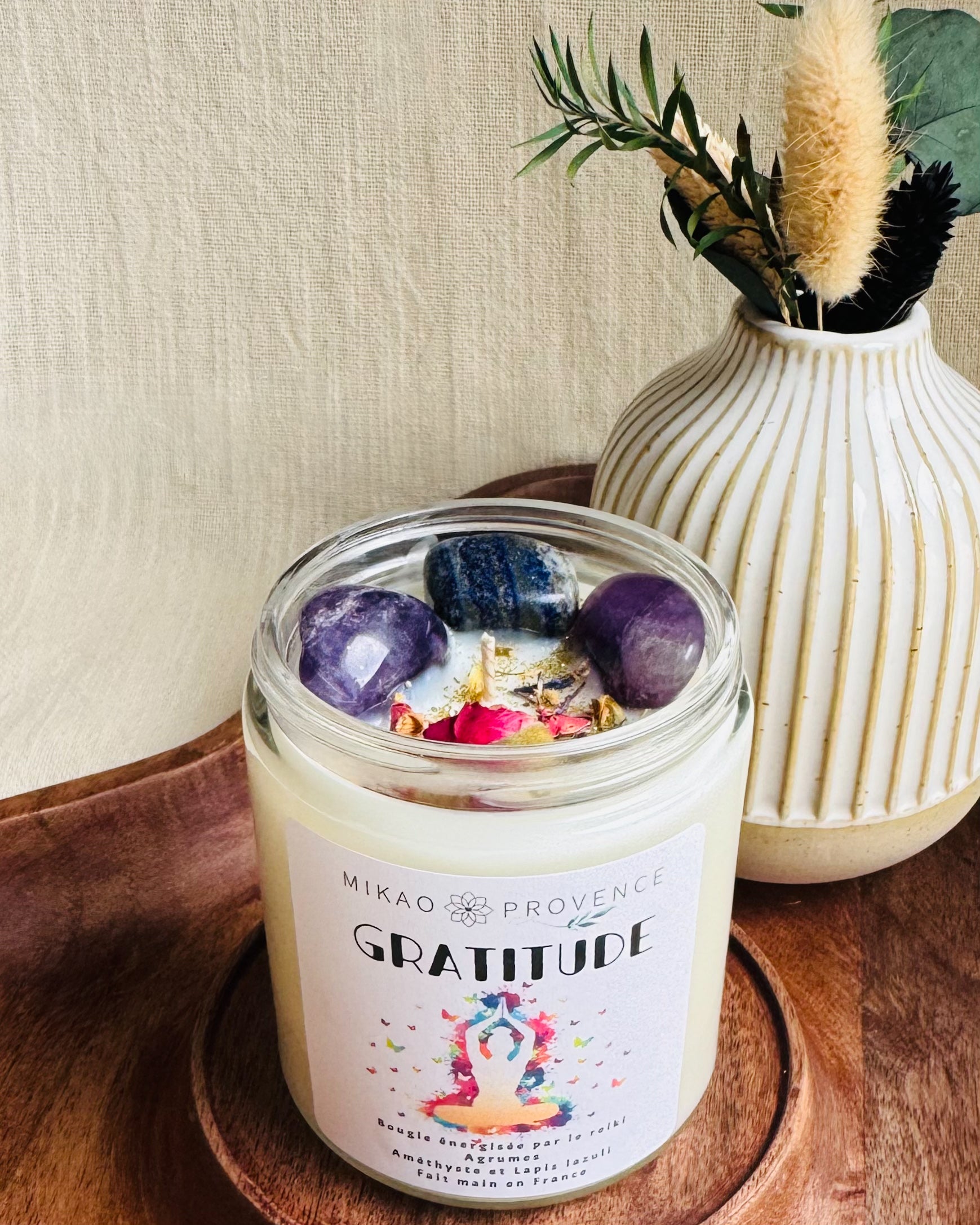 Bougie d’Intention Gratitude – Améthyste & Lapis-Lazuli - 200g 
