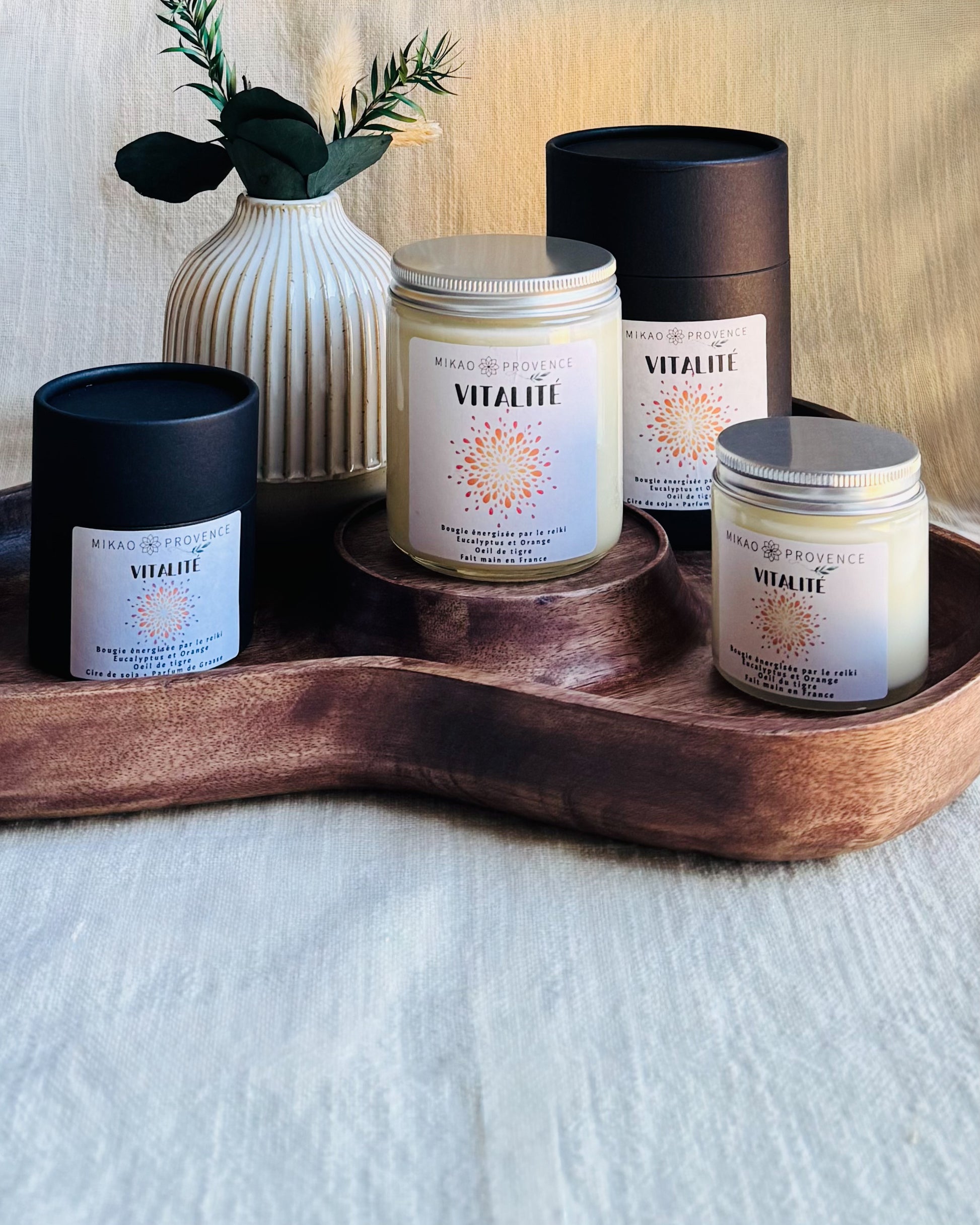 Bougie d’Intention Vitalité - Œil de Tigre - présentation avec boite 
