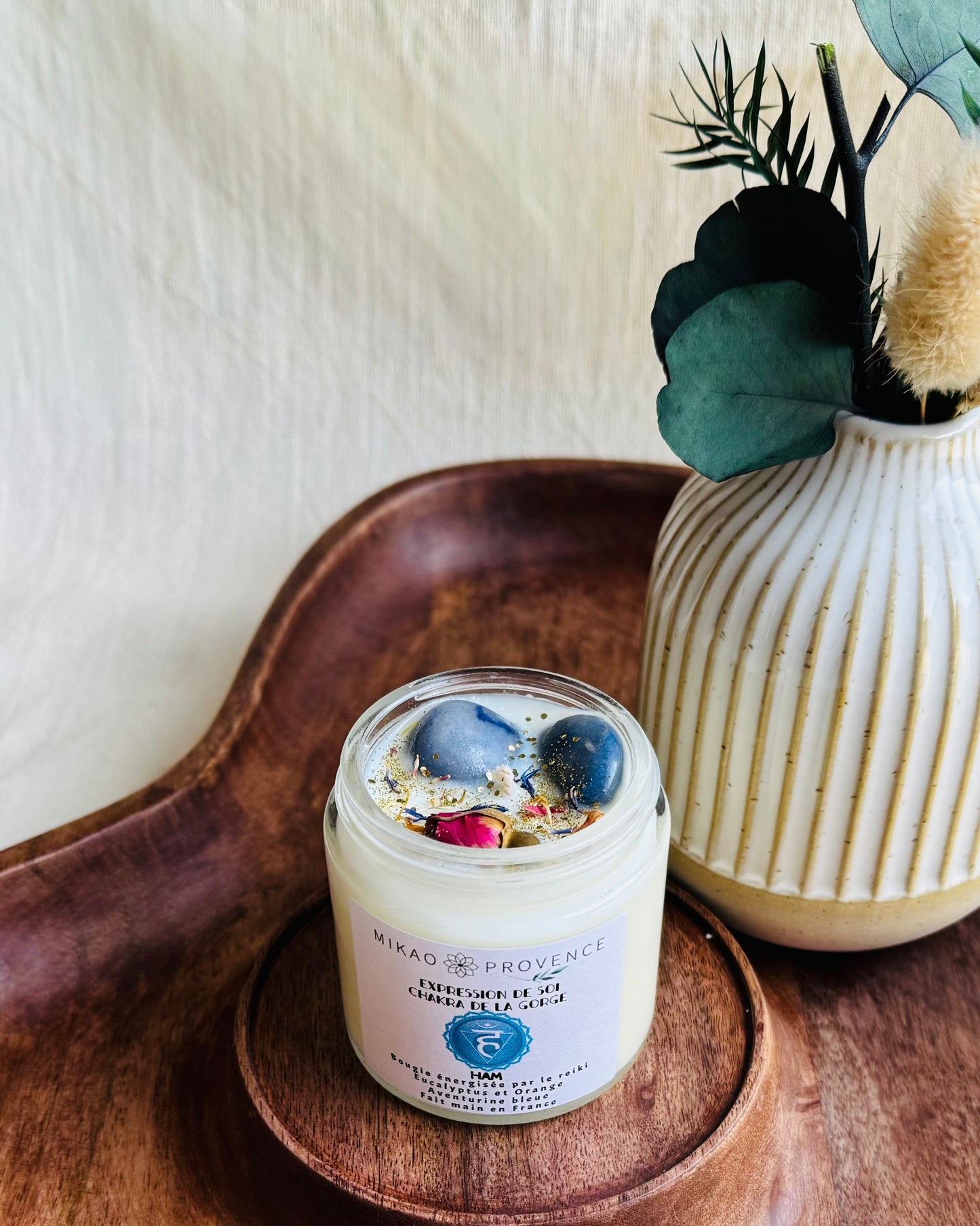 Bougie Chakra de la Gorge - Expression de soi - Aventurine bleue 