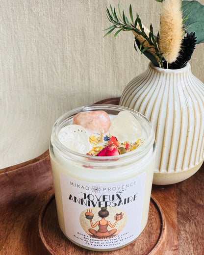 Bougie d'Intention Joyeux anniversaire - Pierre du Soleil et de Cristal de roche - 200g