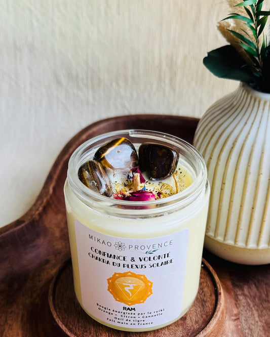 Bougie Chakra du plexus solaire - Confiance et Volonté - œil de tigre