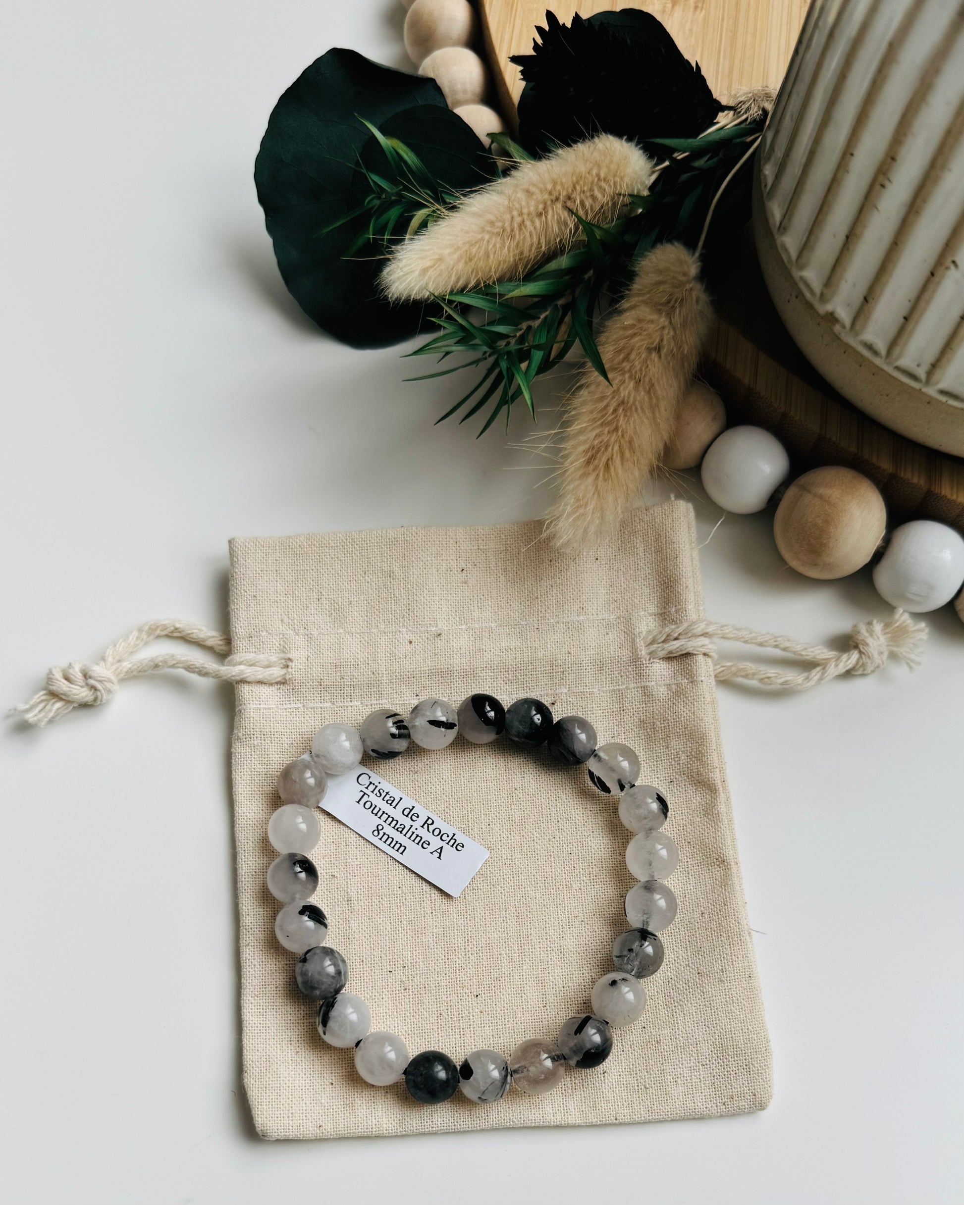 Bracelet Cristal de roche Tourmaline,  Protection
