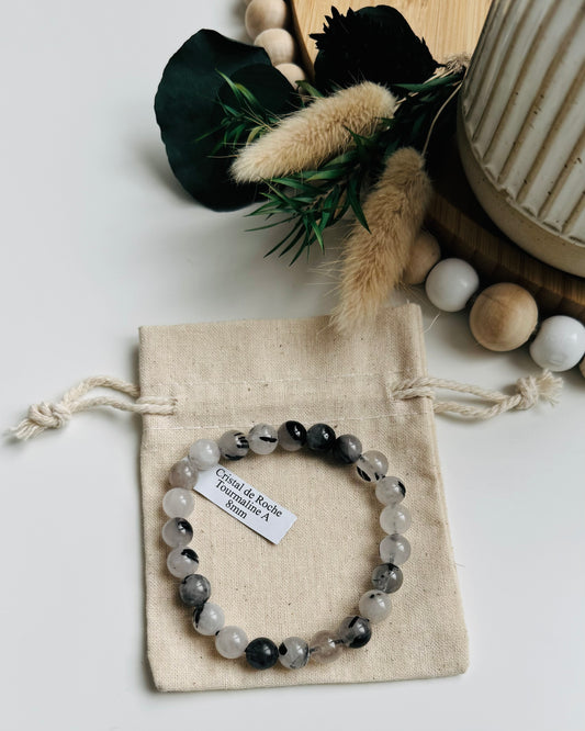 Bracelet Cristal de roche Tourmaline,  Protection